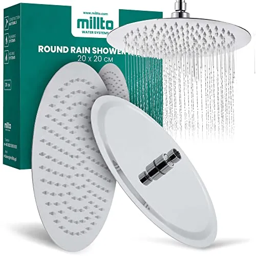 Millto™ Runder Edelstahl Duschkopf Regendusche 20 cm | Regenduschkopf Gross 8 Zoll Brausekopf Dusche Armaturen Anti-Kalk | Kopfbrause Chrom Ultradünn Wassersparender Duscharmatur
