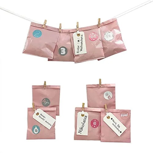 Frau WUNDERVoll® DIY Adventskalender zum Befüllen Bescherung, Papiertüten flach 13x16,5cm, rosa, Ziffern Pastell/Weihnachten Aufkleber Advent Kalender Kinder