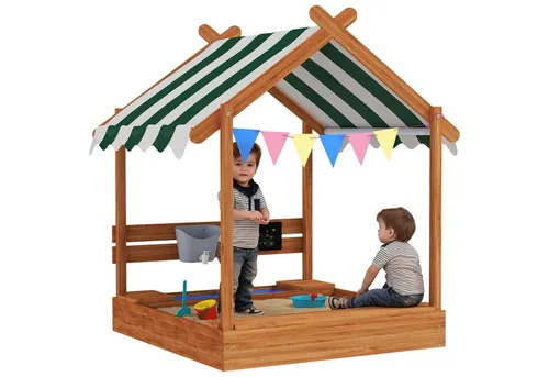 Outsunny Sandkasten aus Holz mit Spielhaus und Sitzplatz für Kinder