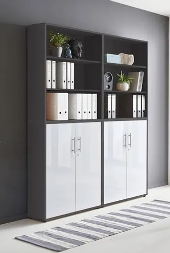 Schrankwand TABOR 11 Büroregal Aktenschränke Büroschrank abschließbar in diversen Farbvarianten (anthrazit/weiß Hochglanz)