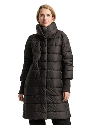 TOM TAILOR Damen Lange Steppjacke 1042913 - Funktionsjacke mit doppeltem Stehkragen, wasser- und schmutzabweisend, ideal für kalte Tage. Aus recyceltem Polyester für nachhaltigen Tragekomfort.