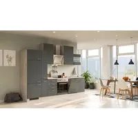 Flex-Well Exclusiv Küchenzeile Morena 310 cm - Basaltgrau matt & San Remo Eiche - Flexible Einbauküche mit hochwertiger Ausstattung, inklusive Einbaugeräten und pflegeleichten Fronten, ideal für moderne Küchenräume.