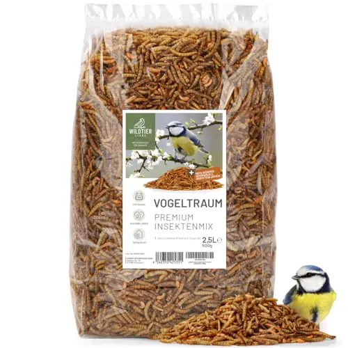 wildtier liebe Vogeltraum Premium Insektenmix 2,5 Liter I Getrocknete Mehlwürmer, Insektenlarven & Gamarus für Vögel I Mehlwürmer getrocknet, Vogelfutter I Insektenfutter für Wildvögel, Gartenvögel