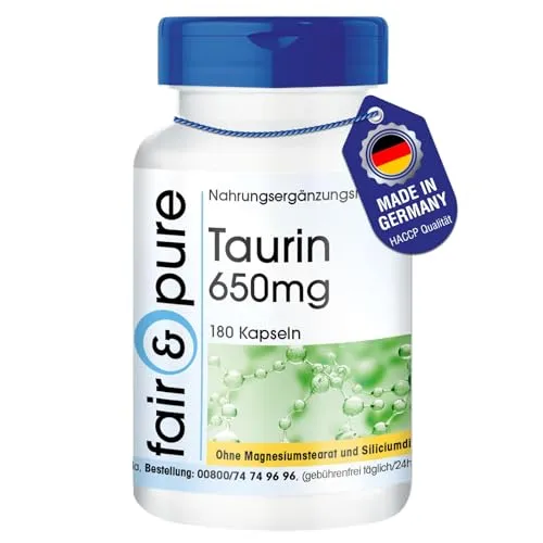 Fair & Pure Taurin 650mg, 180 Kapseln, hochdosiert, Nahrungsergänzungsmittel vegan ohne Magnesiumstearat, in Deutschland hergestellt