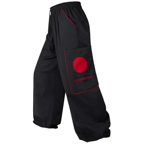 Kunst und Magie Unisex Goa Pluderhose Pumphose Freizeithose Cargohose Baumwolle, Größe:L/XL, Farbe:Schwarz/Rot