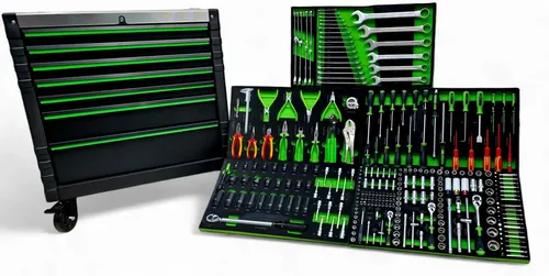 DeTec. Werkstattwagen Gefüllt Werkzeugwagen 307tlg. 7 Schubladen 5 bestückt, Edelstahlplatte, 307-tlg. Werkzeugset, Edelstahl Arbeitsplatte KFZ, Werkstatt & Garage, Profi Werkzeug