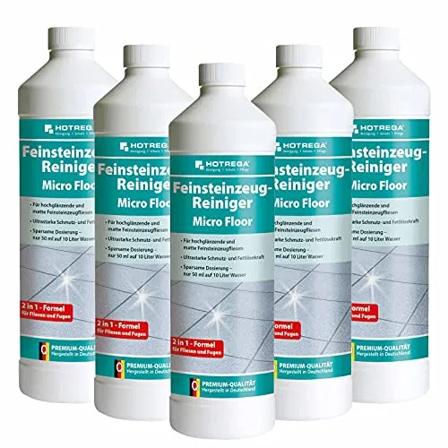 HOTREGA® Feinsteinzeug Reiniger 1L – Effektiver Bodenreiniger für Fliesen - Spezialreiniger für polierte und naturbelassene Feinsteinzeugfliesen. Hohe Reinigungskraft bei Materialschonung. Ideal für Grund- und Unterhaltsreinigung in Küchen und Wohnräumen.