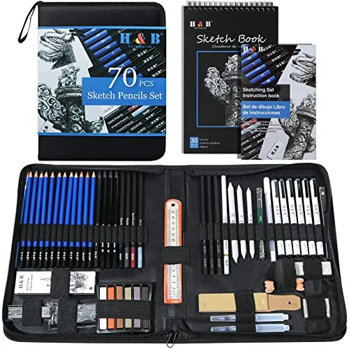 H & B 70-teiliges Profi-Zeichenset Zeichenstifte Set inklusive Skizzenblock, Künstler Skizzenstifte für Erwachsene, Künstler & Anfänger, Grafitstifte zum Zeichnen und Skizzieren