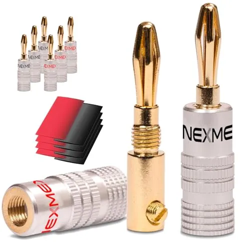 NEXMEX Bananenstecker mit Schrumpfschlauch - 8 Stück Stecker als Set - Steckverbinder 24K vergoldet für Lautsprecherkabel - für HiFi Receiver Verstärker