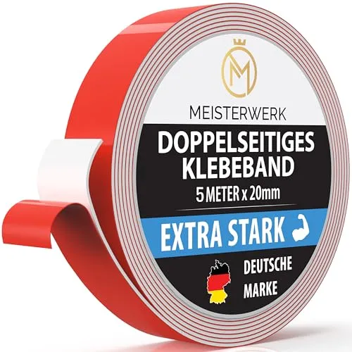 MEISTERWERK Doppelseitiges Klebeband ohne Bohren - [EXTRA STARK] - Universelles Montageband I Doppelseitiges Klebeband stark I Doppelklebeband klebeband (5m x 20mm)