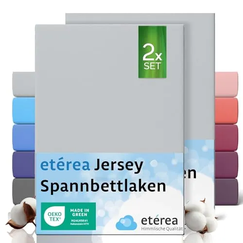 etérea Jersey 2er Set Spannbettlaken 80x160cm - 80x180cm Silber bis 20 cm Höhe - 100% Baumwolle Spannbetttuch Oekotex - Kinder Doppelpack Bettlaken 80x160 cm - 80x180 cm - Silver