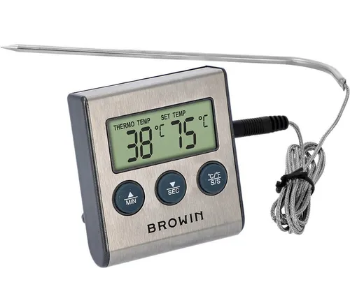 Browin 185609 Lebensmittel-Thermometer mit 1,5 m Sonde - Bratenthermometer mit Edelstahlsonde, ideal zum Kochen und Braten, inklusive Timer und Alarm für präzise Temperaturkontrolle.