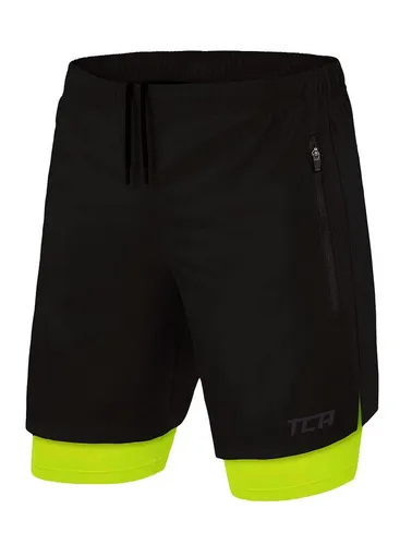 TCA Trainingsshorts Herren 2-in-1 Laufhose - Schwarz/Grün - Trainingshosen mit integrierter Kompressionshose, optimaler Halt und Komfort für dein Workout, ideal für Sport und Freizeit.
