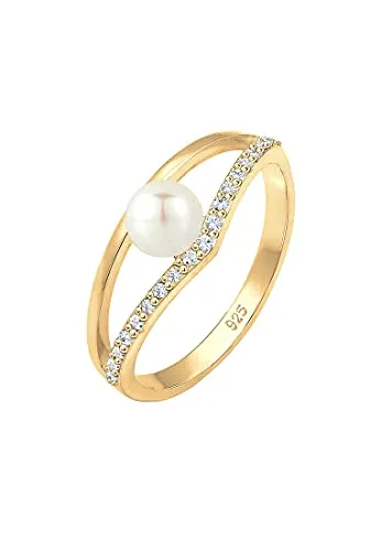 Elli Ring Damen Elegant Süßwasserzuchtperle mit Kristallen in 925 Sterling Silber vergoldet - Eleganter Geo V-Ring aus 925 Sterling Silber mit Kristallen und Süßwasserzuchtperlen. Hochwertig verarbeitet, anlaufgeschützt und ideal für jeden Anlass. Perfektes Geschenk für besondere Momente.