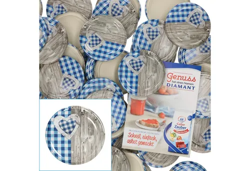 MamboCat Einmachglas 50er Sturzdeckelset TO82 Holz-Herz blau-weiß Twist-Off Ersatzdeckel, Metall