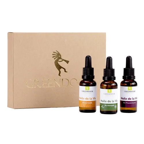 GREENDOOR Geschenk Set Huile de la Vie – Edle Öle für die Hautpflege - Entdecken Sie die Welt der Natur mit diesem Geschenkset! Enthält hochwertige BIO Öle, die für ihre feuchtigkeitsspendenden Eigenschaften bekannt sind. Ideal für die tägliche Hautpflege und zur Unterstützung der Regeneration.