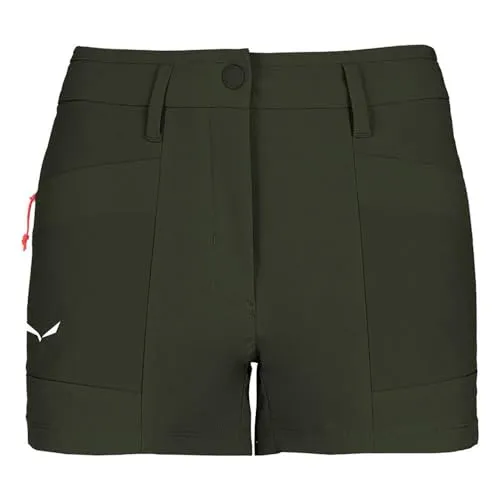 Salewa Puez Durastretch Cargo Shorts Women, Dark Olive, L - Softshellhosen für Frauen, ideal für sommerliches Trekking. Diese Shorts sind schnell trocknend, atmungsaktiv und bieten hervorragenden 4-Wege-Stretch für maximale Bewegungsfreiheit.