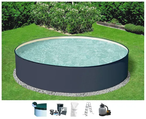 KONIFERA Rundpool Gomera 3 Set (6-tlg) - Swimmingpool in modernem Design mit grauer Optik und sandfarbener Innenfolie. Inkl. Sandfilteranlage und Sicherheitsleiter für sorgenfreies Baden.