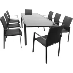 DEGAMO Garnitur TORINO 9-teilig - Gartenmöbel-Set mit 8 bequemen Stapelsesseln und ausziehbarem Tisch (180-240 cm). Wetterfestes Design aus Aluminium und schnelltrocknendem Kunstgewebe für optimalen Sitzkomfort.