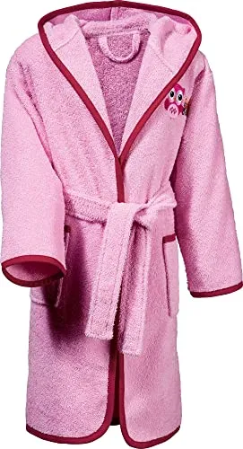 Erwin Müller Kinder-Bademantel mit Kapuze Frottier rosa Größe 98/104 - saugstark, langlebig, angenehm weich, mit Taschen und Bindegürtel, Stickerei Eule