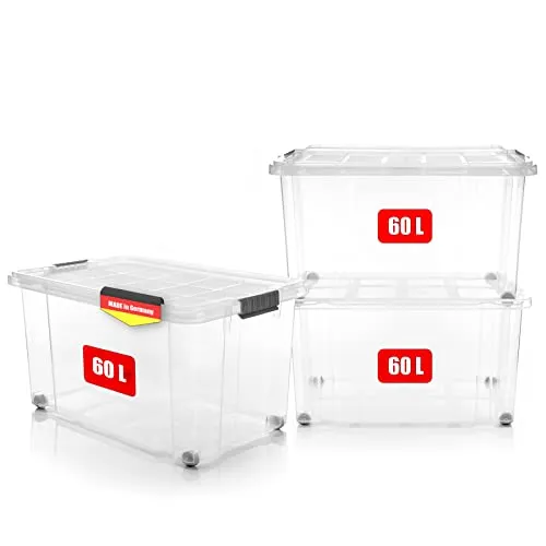 BigDean 3er Set 60L Aufbewahrungsboxen mit Deckel - robust und rollbar - Praktische Aufbewahrungsbehälter mit Deckel, ideal für Haushalt und Garten. Die transparenten Boxen sind stapelbar, rollbar und bieten 60L Volumen für platzsparende Ordnung.