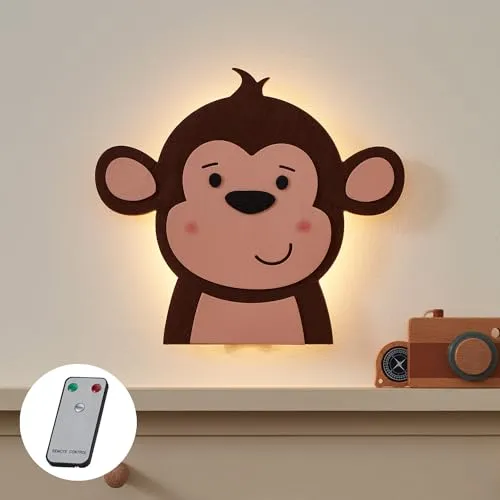 Lights4fun LED Affen Wandleuchte mit Fernbedienung - Dimmbares Nachtlicht für Kinderzimmer - Praktische LED Wandleuchte mit Fernbedienung und Timer-Funktion. Ideal als Nachtlicht oder Deko für Kinderzimmer. Maße: 25,6 x 35 cm, batteriebetrieben (3x AAA). Dimmbare Helligkeit für eine stimmungsvolle Atmosphäre.