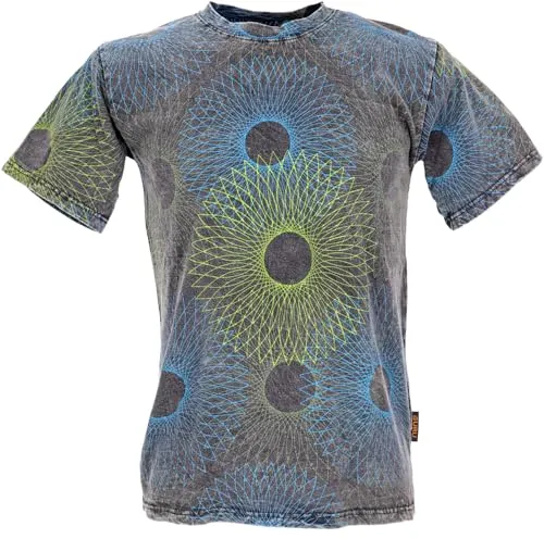 GURU SHOP Tibet & Buddhist Art T-Shirt, Fusion Mandala Stonewash T-Shirt - Schwarz/blau, Herren, Baumwolle, Size:M