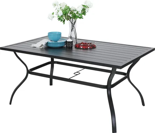 PHIVILLA 152×95cm Gartentisch for 6 Person Stahl Rostfreier Rahmen und Sonnenschirmloch Gartenmöbel Terassentischim Freien Esstisch Wetterresistent (Schwarz)