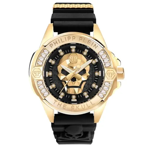 PHILIPP PLEIN GENDERLESS Herrenuhr PWNAA0122 - Armbanduhren, moderne Silikon-Herrenuhr mit 41mm Gehäuse, stilvolles Design in Schwarz und Gold, wasserdicht bis 5 ATM.
