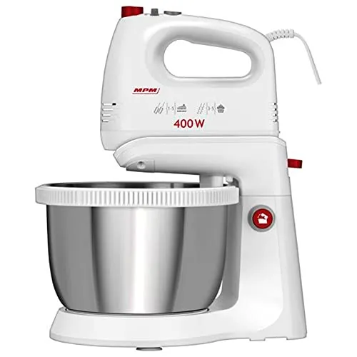 Handmixer mit Schüssel MPM MMR-21Z 700W - Standmixer mit 700 W Leistung und 5 Geschwindigkeitsstufen, ideal für müheloses Rühren und Kneten. Die rotierende Edelstahl-Schüssel mit 3,5 Litern Fassungsvermögen ist perfekt für große Mengen.
