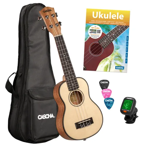Cascha 2149 Solid Top Sopran Ukulele Bundle - Sonstige Zupfinstrumente, hochwertiges Ukulele Set mit solidem Fichten-Top und Mahagoni-Korpus, ideal für Einsteiger und Fortgeschrittene, inklusive Tasche, Stimmgerät und Lernbuch.
