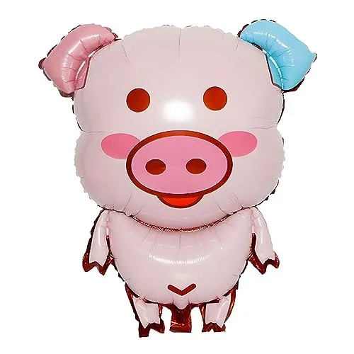 Folienballon Tier, niedliches Schweinchen Design mit pink-blauen Ohren, ideal für Kindergeburtstage, Partys und Dekorationen, langlebig und wiederverwendbar, ca. 59 * 71 cm