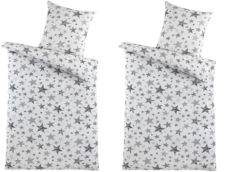 MB Warenhandel24 Seersucker Bettwäsche Baumwolle Doppelpack Sterne BÜGELFREI 2X ca. 135x200 cm + 2X ca. 80x80 cm mit Reißverschluss
