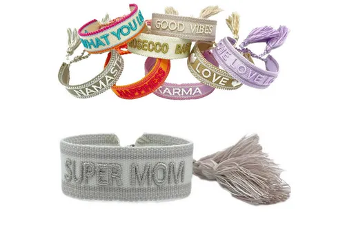 LS-LebenStil Armband Canvas Statement Armband Super Mom Silber Grau Quasten bestickt (Baumwollarmband Webarmband Armbandliebe Freundschaftsarmband Freundschaftsband Partnerarmband, 1-tlg., textil geflochten gewebt