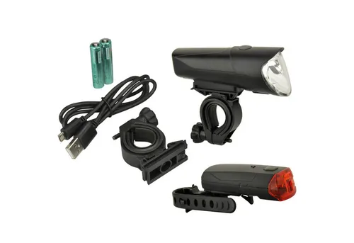 FISCHER Fahrrad Fahrradbeleuchtung LED Fahrrad-Licht Set Akku Beleuchtung 50 Lux, Frontlampe 50 25 15 Lux 3 Stufen Rücklicht StVZO zugelassen Halter