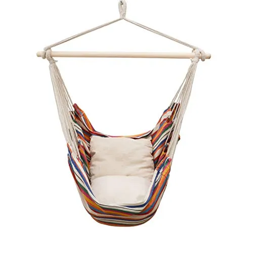 AMANKA Balkon Hängesessel mit 2 Kissen - Bunt Gestreift und Beige - Hängesessel für drinnen und draußen, bis 120 kg belastbar. Mit 2 wendbaren Kissen für individuellen Look und extra breiter Sitzfläche für höchsten Komfort.