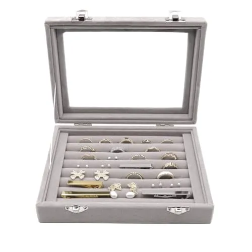 Samt Schmuckkasten Schmuck Organizer, Ring Aufbewahrungsbox Jewelry Organizer Schmuckschatulle mit 7 Fächern und Deckel für Ringe,Ohrringe,Halskette und Manschettenknöpfe