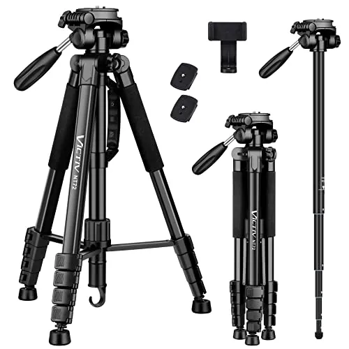 Victiv Stativ Kamera 182cm Aluminium Kamerastativ Einbeinstativ NT72 Tripod- Leicht und Kompakt Reisestativ für unterwegs mit 360° Panorama Kugelkopf und 2 Schnellwechselplatte für DSLR - Schwarz