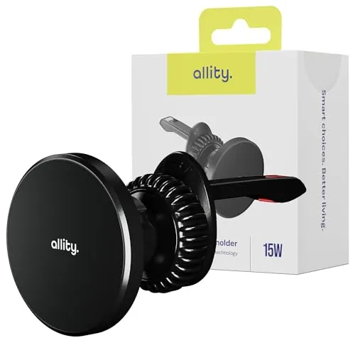 Allity Magsafe Auto Handyhalterung mit Induktiver Ladefunktion 15W – 2-in-1 Kfz Lüftungshalter für iPhone, Magnetische Wireless Charger, USB-C Kabel abnehmbar, Qi-kompatibel, Schwarz