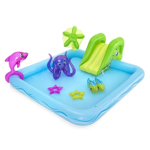 Bestway Wasserspielcenter Aquarium 239 x 206 x 86 cm - Swimmingpool mit Rutsche und Wassersprinkler, ideal für den Sommer. Strapazierfähiges PVC und 308 Liter Wasserkapazität sorgen für endlosen Spaß im Garten!