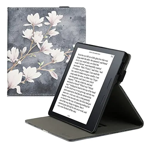 kwmobile Hülle kompatibel mit Amazon Kindle Oasis 10. Generation Hülle - Case mit Schlaufe und Ständer - Magnolien Taupe Weiß Blaugrau