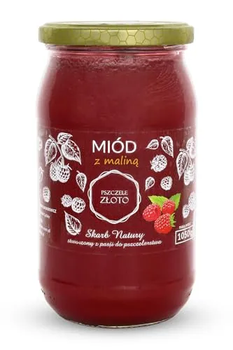 Honig mit Himbeeren 1050 g - 1 kg - Großes Glas - Bienenhonig - Europäischer Naturhonig - Hergestellt in der EU - Zum Süßen - Zuckerersatz - Für Backwaren