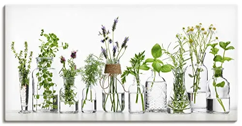 ARTLAND Wanddeko Leinwand Bilder Wandbild 60x30 cm Querformat Modern Küchenbilder Pflanzen Kräuter Blumen Gewürze Grün H9KE