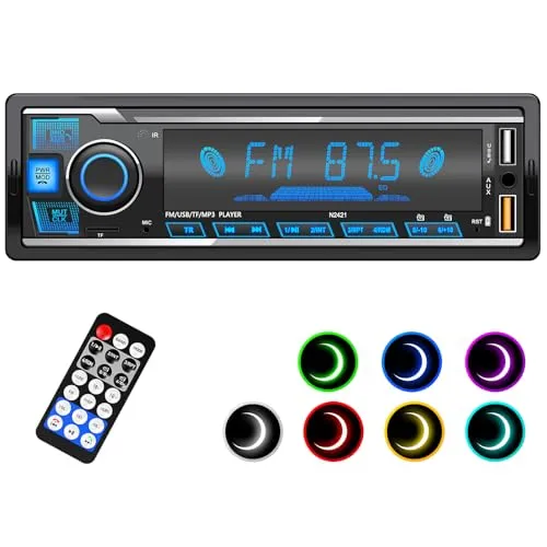 Autoradio Bluetooth,Auto Radio Bluetooth Radio mit 7 Farben Licht Einstellbar 1 Din Autoradio Bluetooth FM mit 2USB/AUX/TF MP3 Player Unterstützt iOS und Android
