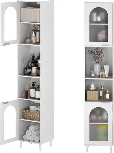COSTWAY Badschrank Hochschrank, Badezimmerschrank mit 2 Glastüren und 2 verstellbaren Regalen, platzsparender Badregal, 35 x 30 x 180 cm, weiß