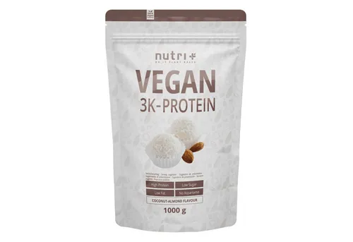nutri+ Vegan 3K Protein Pulver - Pflanzliches Mehrkomponentenprotein mit über 80 % Eiweiß, ideal für eine eiweißreiche Ernährung. Hohe Verträglichkeit, fettarm und zuckerarm, perfekt nach dem Training oder als Snack.