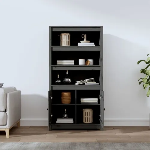 vidaXL Highboard Grau aus Massivholz Kiefer - 80x35x154 cm - Elegantes Highboard aus massivem Kiefernholz, bietet viel Stauraum mit 3 offenen Fächern und 2 Türen. Ideal zur Aufbewahrung und Dekoration in deinem Wohnraum.