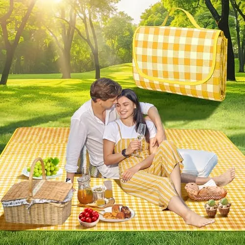 SRJEQC Picknickdecke XXL 200x200cm,Picknickdecke Gelb Karier,Badedecke Tragbare mit tragegriff,wasserdichte Sanddichte für Garten,Picknick,Strand,Camping,Stranddecke XXL für 6-8 Personen