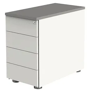 Kerkmann Standcontainer start up, weiß/graphit, abschließbar - Rollcontainer mit 4 Schubladen, abschließbar und ideal für sichere Aufbewahrung. Aus strapazierfähigem Holz, mit höhenverstellbaren Stellfüßen und 30kg Tragkraft pro Schub.