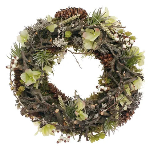 Herbstlicher Türkranz mit Hortensien - D. 34cm von CreaFlor Home - Dekorativer Türkranz in Naturfarben mit stilvollen Hortensien, ideal für eine einladende Herbstatmosphäre in Ihrem Zuhause.